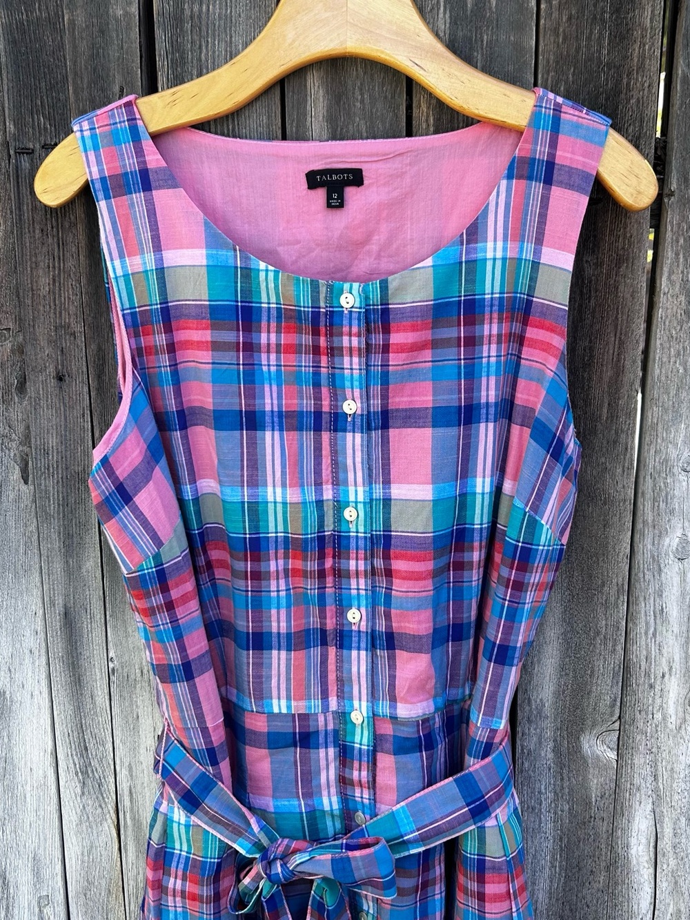 Talbots Madras Plaid Button Front Shirtdress Belted Cotton Pink Blue 12 - Picture 4 of 16